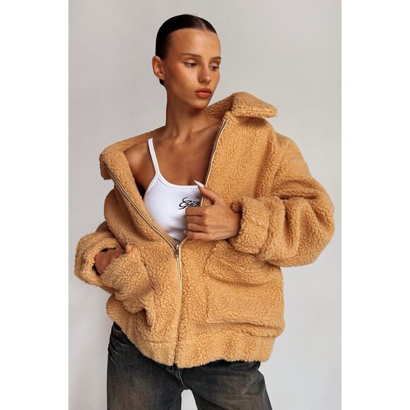I am Gia Teddy Coat Oversized Sherpa Jacket In Camel Small - Picture 2 of 13